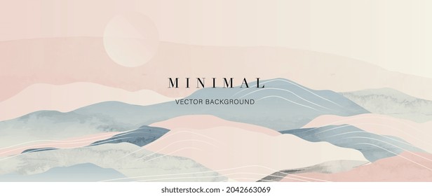 Mountain and sun Abstract art background vector. Luxury oriental style watercolor background with line art and brush texture. Wallpaper design for prints, cover, banner, wall art and home decoration.