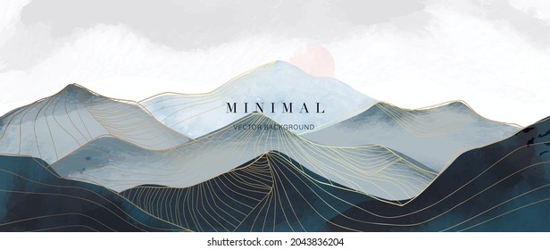 Mountain and sun Abstract art background vector. Luxury oriental style watercolor background with line art and brush texture. Wallpaper design for prints, cover, banner, wall art and home decoration.