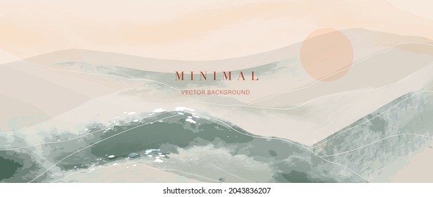 Mountain And Sun Abstract Art Background Vector. Luxury Oriental Style Watercolor Background With Line Art And Brush Texture. Wallpaper Design For Prints, Cover, Banner, Wall Art And Home Decoration.