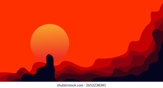 Montaña Con Fondo Abstractas De Sol. Ilustración de Vector de postre de paisaje