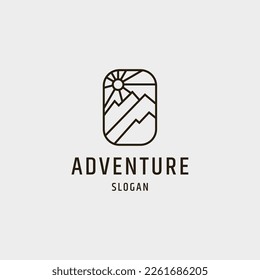 Mountain, Sun for Adventure Outdoor Traveling Label Stamp logo design