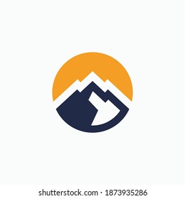 mountain with sun, circle shaped logo 