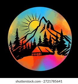 Logo de montaña y sol coloreado . Dibujado a mano. No IA, Ilustración vectorial