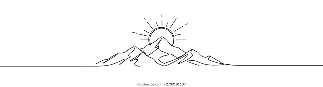 Montaña y sol continuo de una línea de dibujo. Vista panorámica de la puesta del sol dibujada a mano.