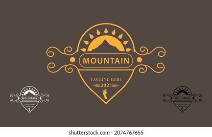 mountain and sun elements shining brightly with two color choices. flat abstract design logo icon concept