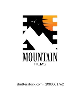 Mountain sun with film roll shape vector logo design