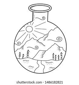 Mountain and sun in flask logo template
