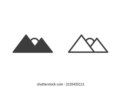 Mountain and sun flat vector illustration glyph style design with 2 style icons black and white. Isolated on white background. Travel icons.