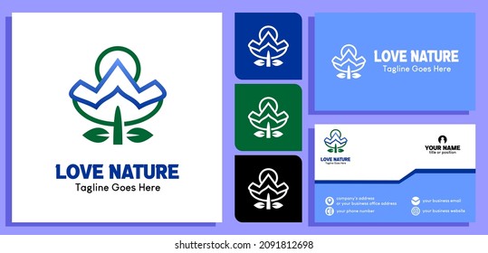 mountain and sun in flower logo design template. Luxury line logotype design. and business card design templates. vector illustration