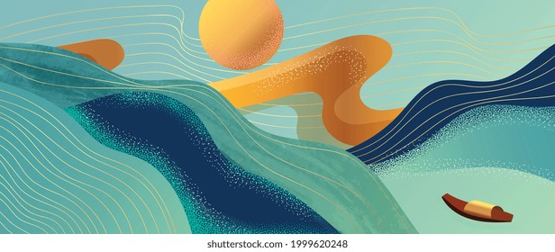 Mountain and sun golden line arts background vector. Oriental Luxury landscape background design with watercolor brush and gold line texture. Wallpaper design, Wall art for home decor and prints.