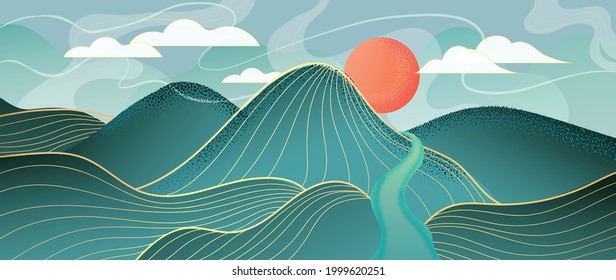 Mountain and sun golden line arts background vector. Oriental Luxury landscape background design with watercolor brush and gold line texture. Wallpaper design, Wall art for home decor and prints.