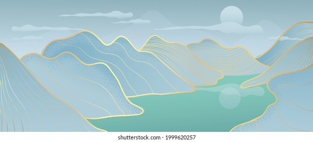 Mountain and sun golden line arts background vector. Oriental Luxury landscape background design with watercolor brush and gold line texture. Wallpaper design, Wall art for home decor and prints.