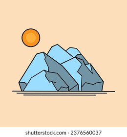 icono de montaña y sol en el estilo de arte vectorial de dibujos animados