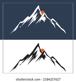 Mountain And Sun Icon Design, Black And White Mountain Design, Snowy Mountain, Sunset Design, Evening Design, Evening Scenery. Vector. Mountain And Sun Icon.