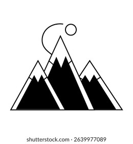 Mountain sun icon. Peak landscape symbol. Black outline design. Vector mountain illustration.