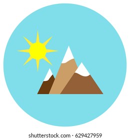Mountain and sun icons in a flat style. Vector image on a round colored background. Element of design, interface.