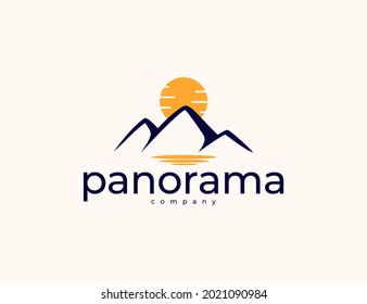Mountain and sun illustration landscape logo. Sunset mountain for adventure concept