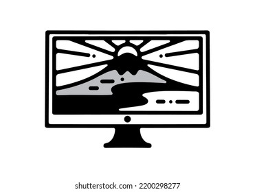 Mountain and Sun in einem Fernseher Schwarz-Weiß-Linie Art Mono-Linie Tattoo-Design