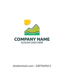 Mountain and sun landscape, logo vector template