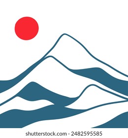 Mountain and sun lanscape panorama posters. Hand drawing shapes matisse style, naive art, contemporary backgrounds. Sunrise and mountains vector illustration