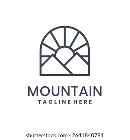 Mountain and sun line logo in minimalist style for nature and outdoor branding
