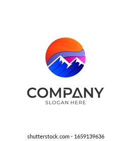 Plantilla de logotipo de montaña y sol. Estilo sencillo. Logotipo listo para su uso. Identidad de empresa.