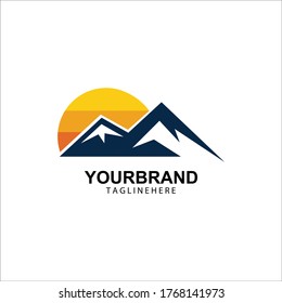 Mountain sun logo design concept template vector