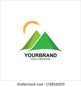 Mountain sun logo design concept template vector