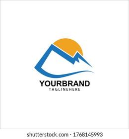 Mountain sun logo design concept template vector