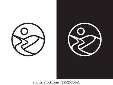 mountain sun logo design. elegant landscape with river circle combination template vector illustration.