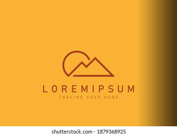 diseño del logo de montaña y sol. Icono de ilustración vectorial de vistas de montaña y sol. Diseño de logotipo moderno con estilo de arte lineal.