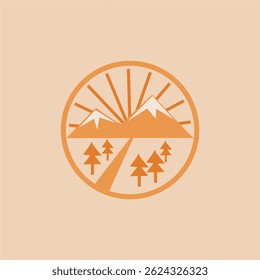 Mountain and sun logo design, morning view in the countryside and wild nature