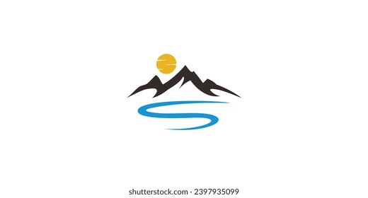 Mountain Sun Logo Design. Mountain Sun River Landscape. Outdoor Logo Icon Symbol Vector Template.