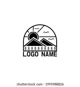 mountain and sun logo design in silhouette and line art style.