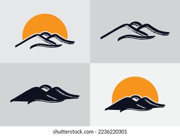 Vector de diseño del logo de montaña y sol. Vector de icono de montaña