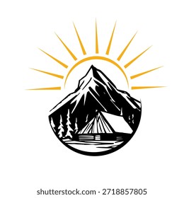 Logotipo de la montaña y del sol . Dibujado a mano. No IA, Ilustración vectorial