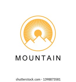 mountain with sun logo on isolated white background. Summer season