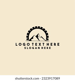 mountain and sun logo silhouette isolated on cream color baground