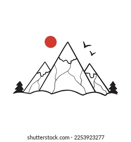 Diseño de la ilustración de la plantilla del logotipo de montaña y sol. vector