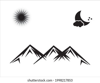 Mountain-Sonne und Mond mit Sternen auf weißem Hintergrund