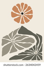 Mountain and sun nature lanscape panorama posters. Hand drawing shapes matisse style, naive art, contemporary background