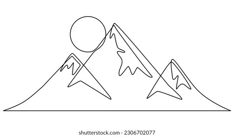 Mountain with sun one line drawn. Mountains sunset linear concept. Vector illustration isolated on white.