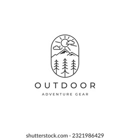 Mountain and sun with pine trees line badge logo design inspiration