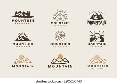 Mountain and Sun Rays, Mount Peak Hill Nature Landscape view for Adventure Outdoor logo template