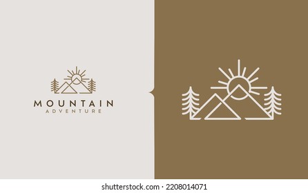 Mountain and Sun Rays, Mount Peak Hill Nature Landscape view for Adventure Outdoor logo template