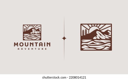 Mountain and Sun Rays, Mount Peak Hill Nature Landscape view for Adventure Outdoor logo template