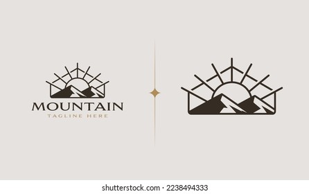 Mountain and Sun Rays, Mount Peak Hill Nature Landscape view for Adventure Outdoor logo template