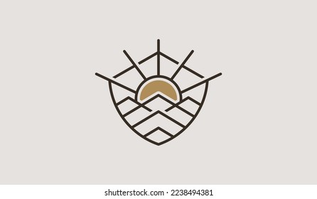 Mountain and Sun Rays, Mount Peak Hill Nature Landscape view for Adventure Outdoor logo template