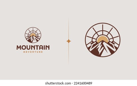 Mountain and Sun Rays, Mount Peak Hill Nature Landscape view for Adventure Outdoor logo template