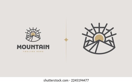 Mountain and Sun Rays, Mount Peak Hill Nature Landscape view for Adventure Outdoor logo template